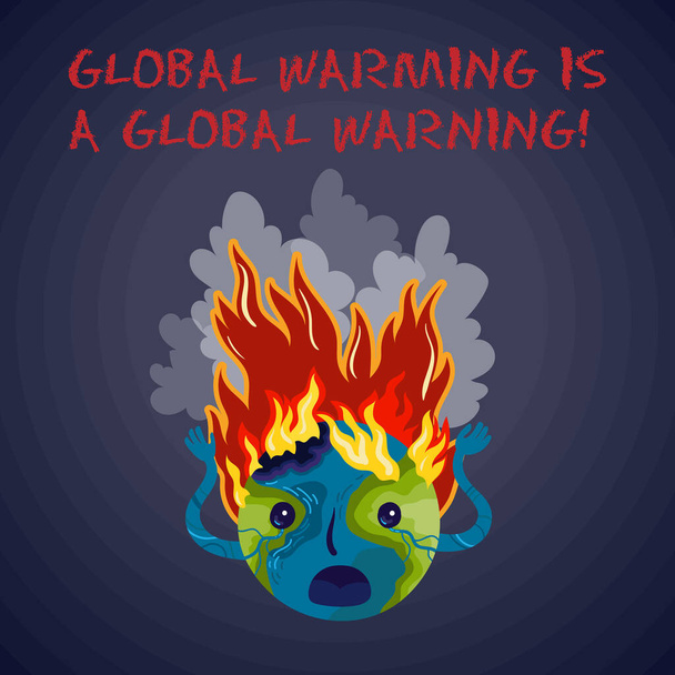 De opwarming van de aarde is een mondiale waarschuwing. Ecologische vector conceptuele illustratie met het karakter van de Aarde planeet, die gegrepen door vuur en horror - Vector, afbeelding