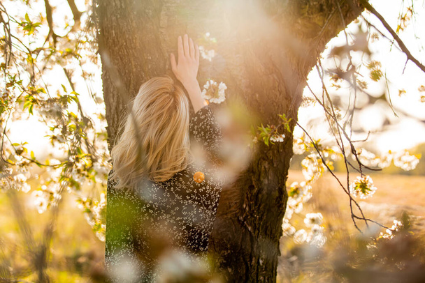 Blonde girl near blooming tree at countryside in sunset  - Fotoğraf, Görsel