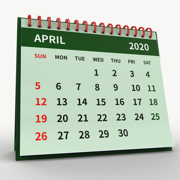 Kalendarz stojący biurko Kwiecień 2020. Biznes miesięczny kalendarz z czerwoną spiralą związany, tydzień zaczyna się w niedzielę Miesięczne Strony na zielonej podstawie, izolowane na białym tle, 3d renderowania - Zdjęcie, obraz