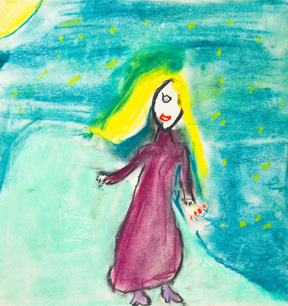 dzieci rysunku - dziewczyna z włosów długich żółty - Zdjęcie, obraz