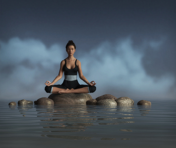 Mooie jonge vrouw doet een zittende meditatie en Yoga poseren op een rots in het water, voegt zich bij de glorie van het leven, 3d renderen. - Foto, afbeelding