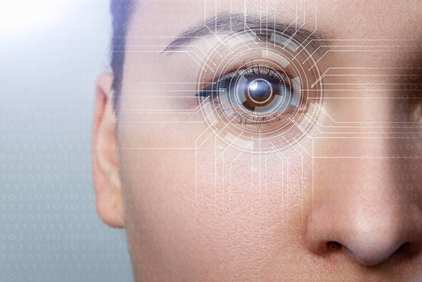 Biometrics concept. Facial Recognition System. Face Recognition. Iris recognition. Cyber eye. Smart Lens. - Foto, imagen