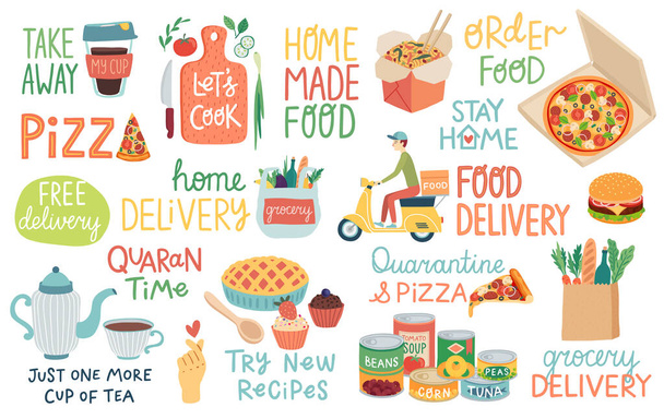 Food and Quarantine Covid-19 letterings and other elements. Home delivery and Home cooking. Vector illustration. - Vector, Image