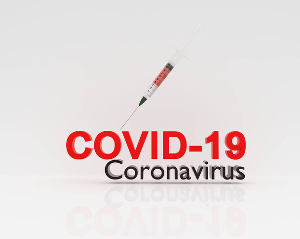 Fecskendő és kovid-19, koronavírus szöveg, 3d renderelés - Fotó, kép