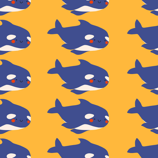 Cute flat killer whale seamless pattern. Adorable little cartoon orca vector illustration. Childish ornament for textile, fabric, print, wallpaper, wrap paper - Вектор,изображение
