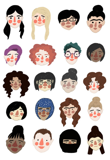 Met de hand getekend eenvoudige set van vrouwen hoofden met verschillende kapsel, huidskleur, rassen en leeftijden. Grote stijlvolle vector collectie. - Vector, afbeelding