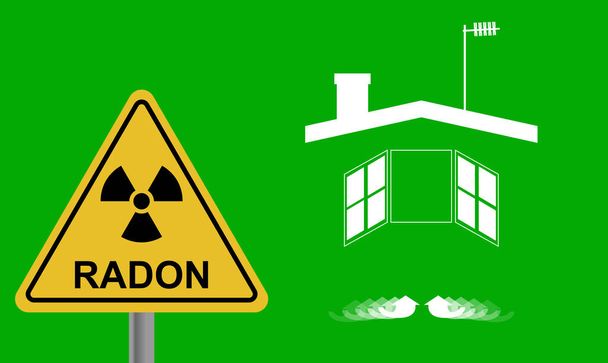 家、屋根、煙突とアンテナのシルエット。警戒信号、危険。ラドンは、世界中の室内の空気の質に影響を与える汚染物質です。背景放射線を参考にしたイラスト。希ガス. - 写真・画像