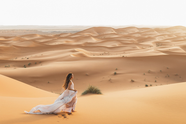 Ritratto di donna sposa in abito da sposa stupefacente nel deserto del Sahara, Marocco. Luce calda della sera, bel tono pastello, dune di sabbia all'orizzonte. Sfondo della natura. - Foto, immagini