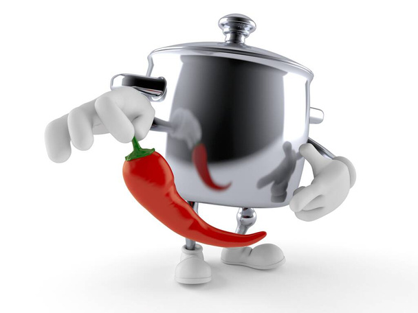 Carácter olla de cocina sosteniendo pimienta picante aislado sobre fondo blanco. ilustración 3d
 - Foto, imagen