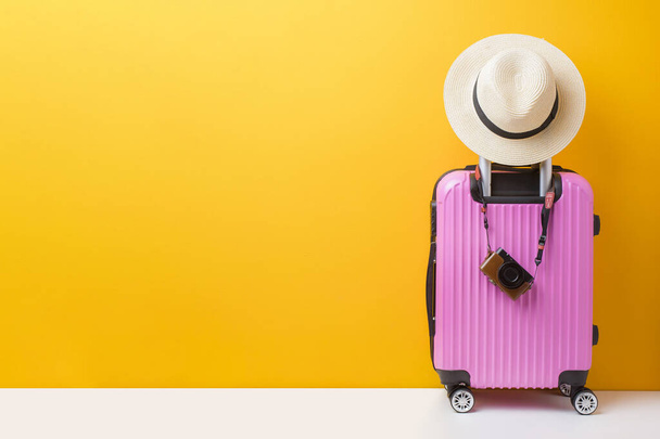 Pink baggage on yellow background, travel concept  - Foto, Imagen