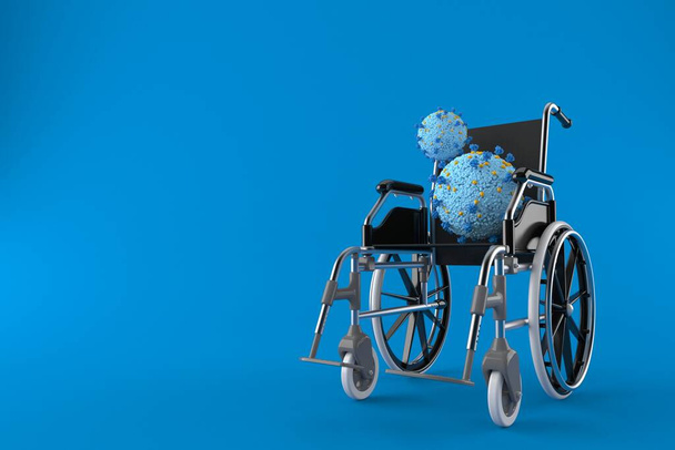 Virus con sedia a rotelle isolata su sfondo blu. Illustrazione 3d
 - Foto, immagini