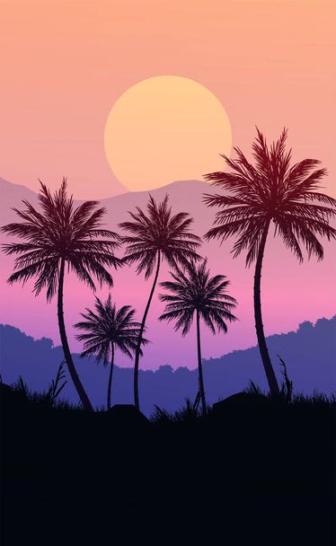Natural Coconut trees. Mountains horizon hills. Silhouettes of palm trees and hills. Sunrise and sunset. Landscape wallpaper. Illustration vector style. Colorful view background. - Vector, Image