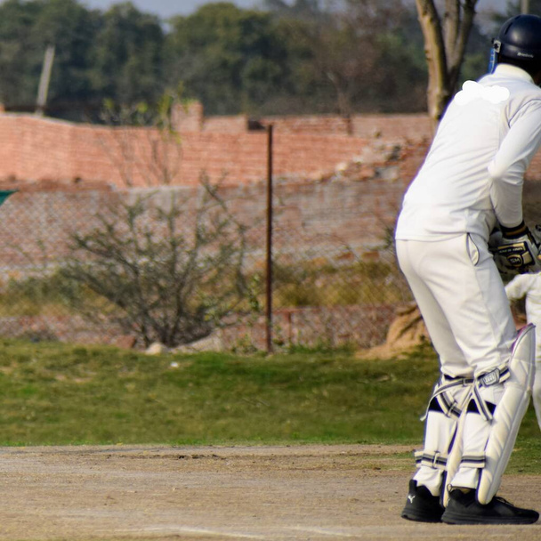 Longitud completa de jugador de cricket jugando en el campo durante el día soleado, jugador de cricket en el campo en acción, jugadores jugando partido de cricket en el campo
 - Foto, Imagen
