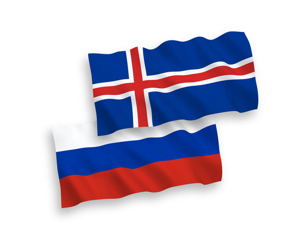 Национальные векторные тканевые волновые флаги Исландии и России изолированы на белом фоне. Соотношение 1 к 2
. - Вектор,изображение