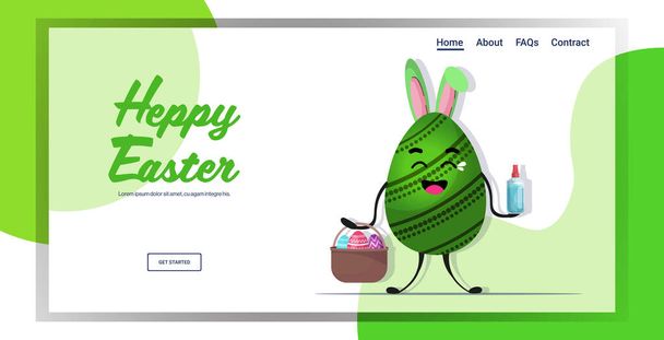 huevo con conejo orejas celebración cesta y antibacteriano spray feliz Pascua coronavirus cuarentena
 - Vector, Imagen