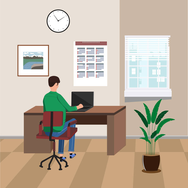 Working from home. Young man works on the computer on home, funny vector illustration - Vector, Image