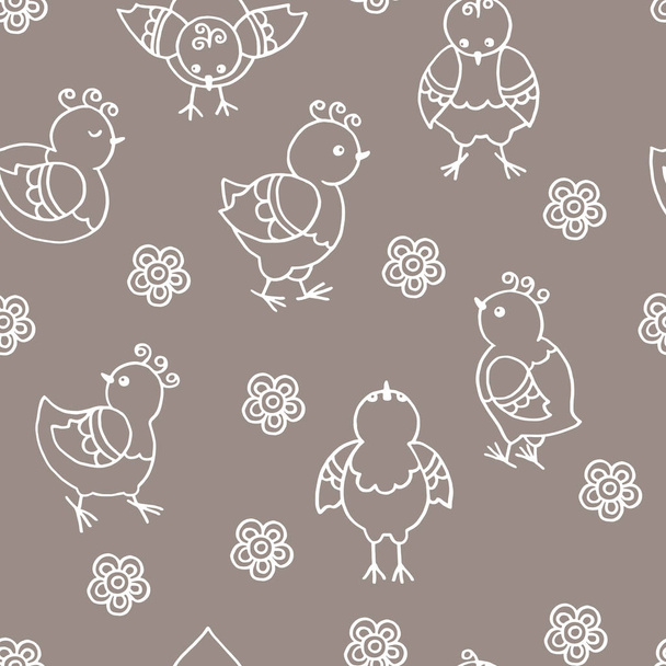 Vector seamless pattern with abstract white contours of the funny hand-drawn chickens, birds, flowers, leaves on a beige background - Vektor, obrázek