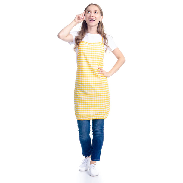 Woman in yellow apron smile got idea - Φωτογραφία, εικόνα