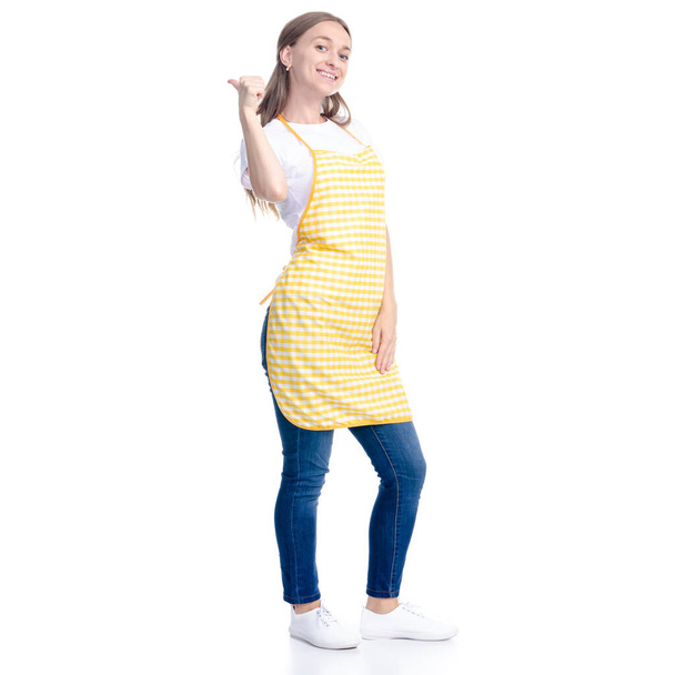 Woman in yellow apron smile showing pointing - Φωτογραφία, εικόνα