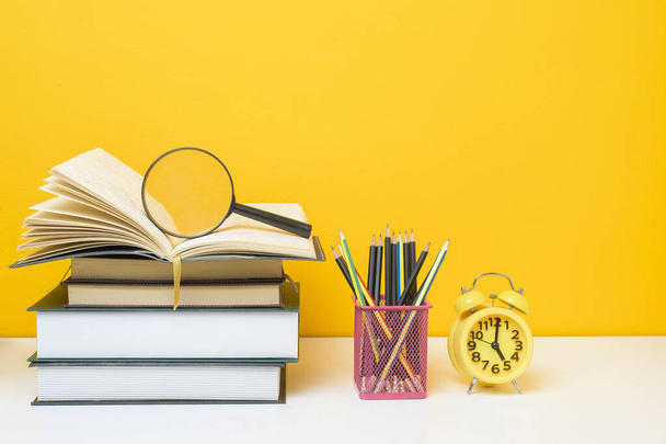 School equipment on yellow background, Education background concept  - Photo, Image