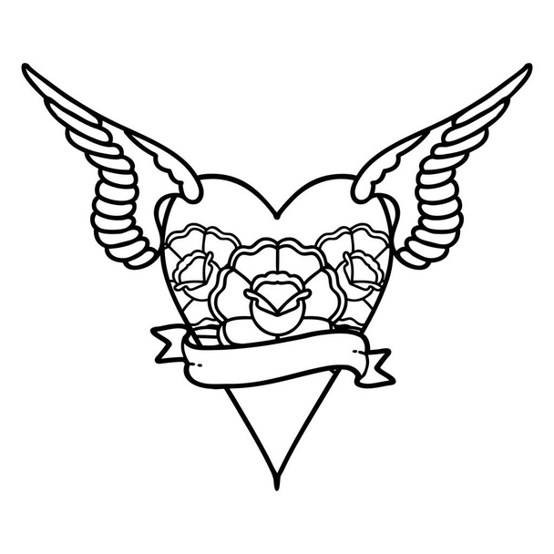 tatoeage in zwarte lijn stijl van een vliegend hart met bloemen en banner - Vector, afbeelding