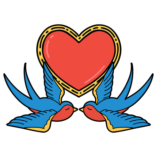 татуировка в традиционном стиле ласточек и сердца
 - Вектор,изображение