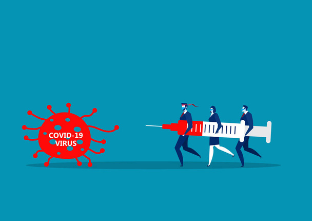 Team Business men hold big injections to fight covid 19 coronavirus illustrator vector. - Vector, Image