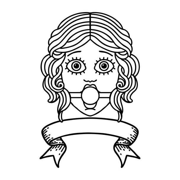 traditional black linework tattoo with banner of female face wearing a ball gag - Vector, Image
