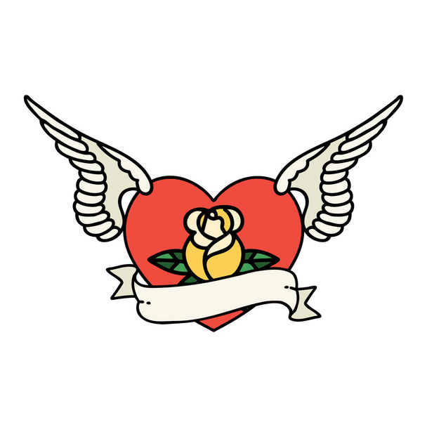 τατουάζ σε παραδοσιακό στυλ μιας ιπτάμενης καρδιάς με λουλούδια και πανό - Διάνυσμα, εικόνα