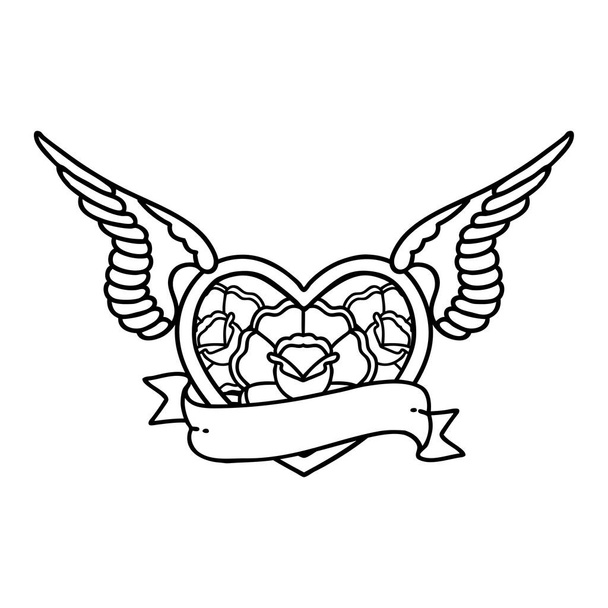 tatouage dans le style ligne noire d'un coeur volant avec des fleurs et une bannière
 - Vecteur, image