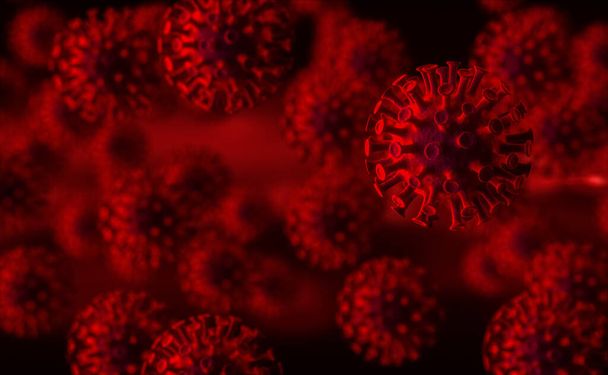 暗赤色の背景のコロナウイルス- Covid-19ウイルス学的概念- 3Dレンダリング - 写真・画像
