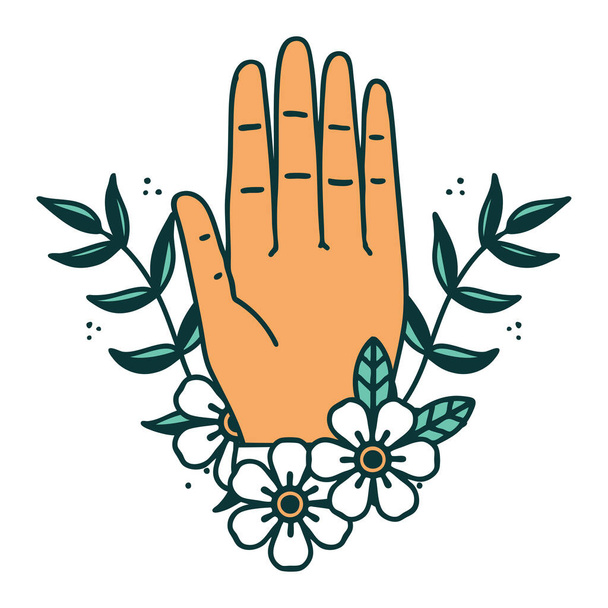 iconic tattoo style image of a hand and flower - Vector, Image