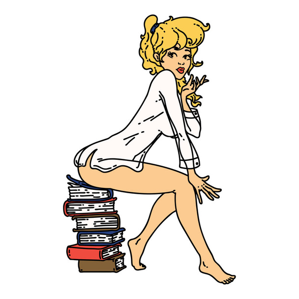 tatoeage in traditionele stijl van een pinup meisje zitten op boeken - Vector, afbeelding