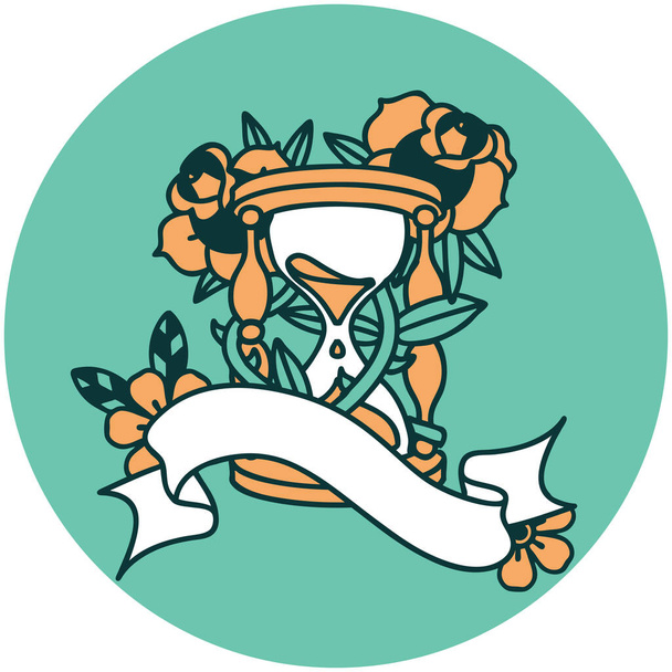 Tätowierung Stil-Ikone mit dem Banner einer Sanduhr und Blumen - Vektor, Bild