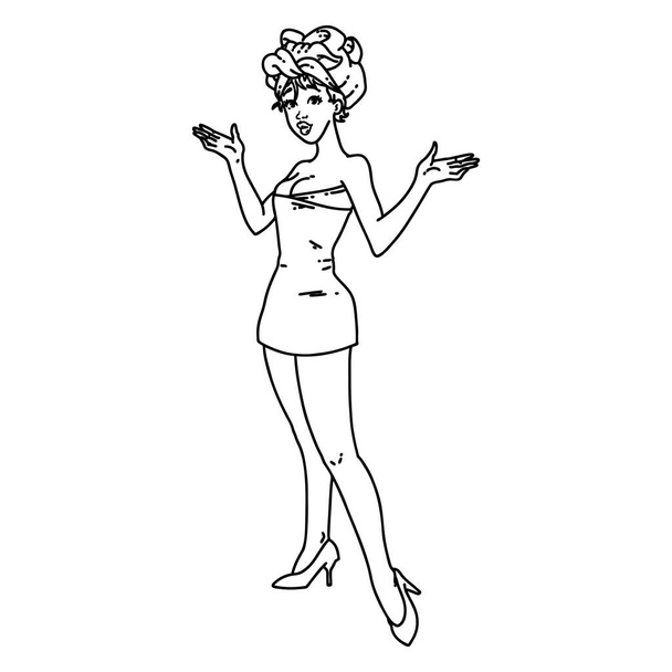 tattoo in black line style of a pinup girl in towels - Vector, Image