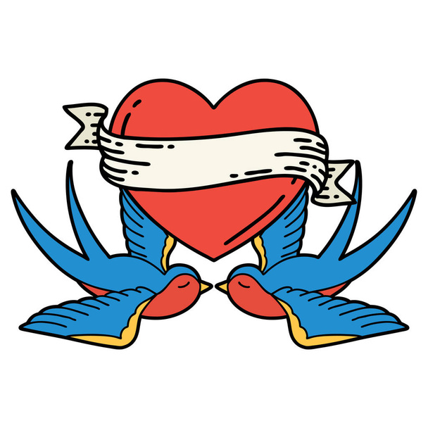 tattoo in traditional style of swallows and a heart with banner - Vector, Image