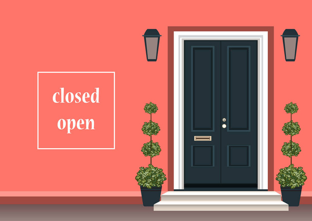 Apartment building with door front with doorstep and steps porch, flower pot, lamp, exterior entrance doors. Vector illustration for block of flat, house, condo. Closed open door concept design banner - Vector, Image