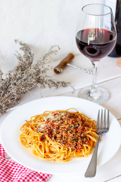 Italian pasta bolognese. Spaghetti. National cuisine Recipe Rustic - Fotó, kép