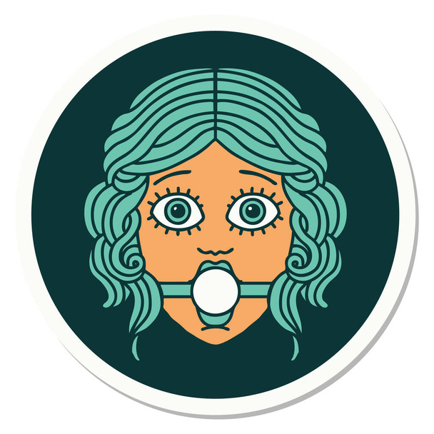 sticker of tattoo in traditional style of female face wearing a ball gag - Vector, Image
