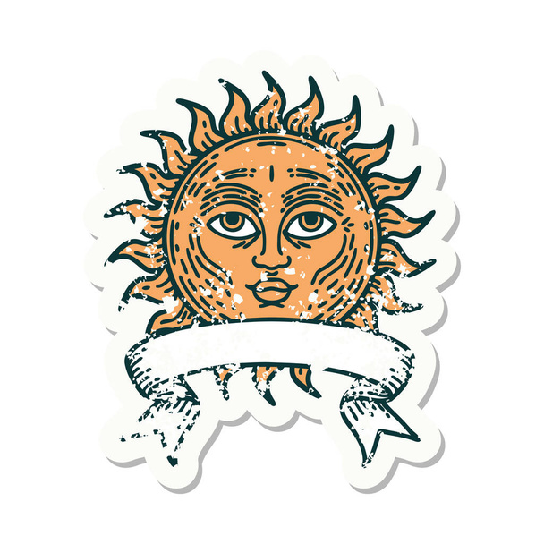 worn old sticker with banner of a sun with face - Vector, Image