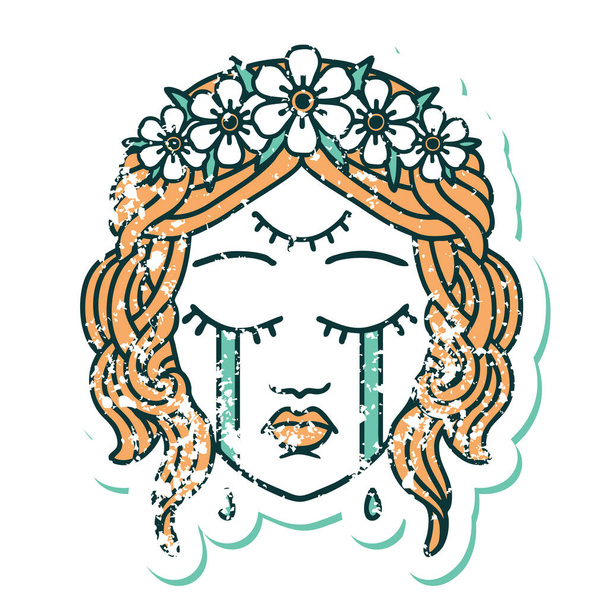 ikonische notleidenden Aufkleber Tätowierung Stil Bild des weiblichen Gesichts mit drittem Auge und Krone der Blumen Cyring - Vektor, Bild