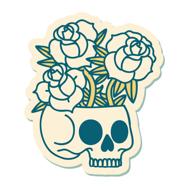наклейка татуювання в традиційному стилі черепа і троянд
 - Вектор, зображення