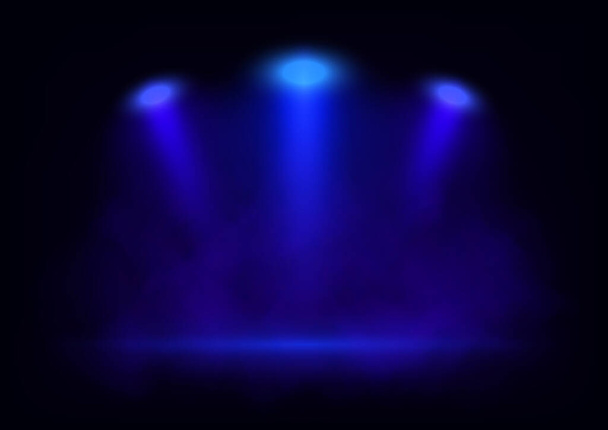 Векторні сині прожектори на сцені з променями світла в диму. Дизайн для презентації вашого продукту
. - Вектор, зображення