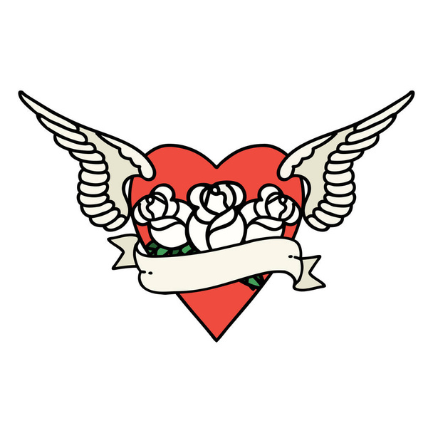 τατουάζ σε παραδοσιακό στυλ της καρδιάς με φτερά λουλούδια και λάβαρο - Διάνυσμα, εικόνα