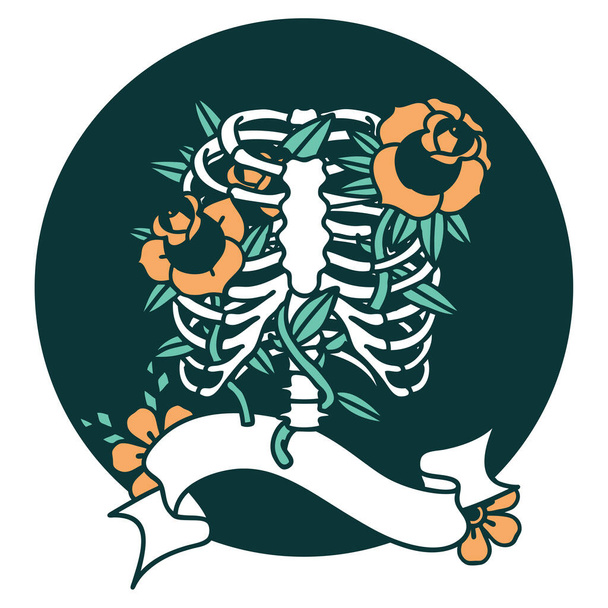 икона в стиле татуировки с баннером из грудной клетки и цветами
 - Вектор,изображение
