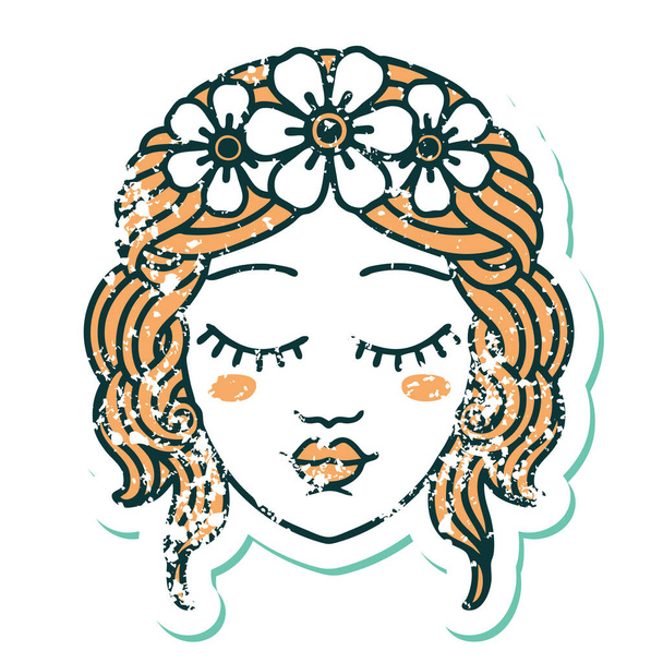 ikonische notleidenden Aufkleber Tätowierung Stil Bild des weiblichen Gesichts mit geschlossenen Augen - Vektor, Bild
