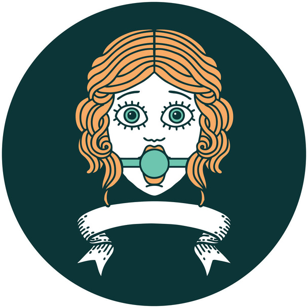 tattoo style icon with banner of female face wearing a ball gag - Vector, Image
