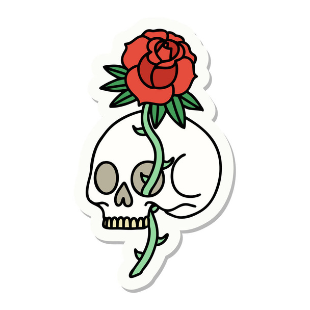 αυτοκόλλητο τατουάζ σε παραδοσιακό στυλ ενός κρανίου και τριαντάφυλλου - Διάνυσμα, εικόνα