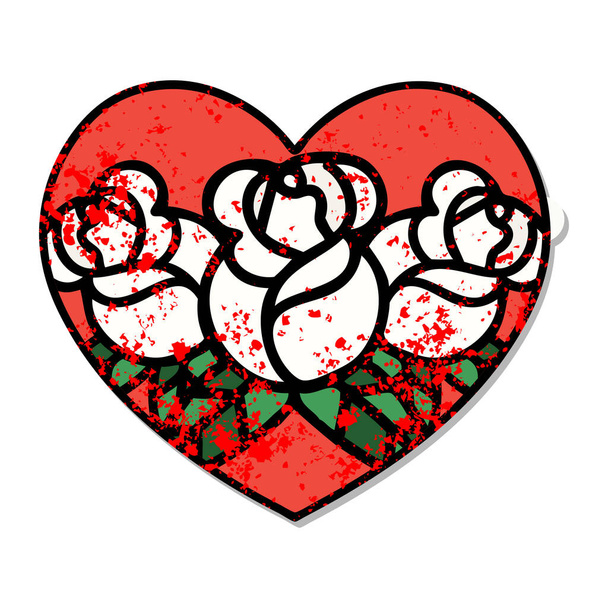 татуировка с наклейкой в традиционном стиле сердца и цветов
 - Вектор,изображение