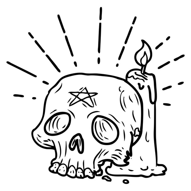 иллюстрация традиционной черной линии работы татуировки в стиле жуткого черепа и свечи
 - Вектор,изображение
